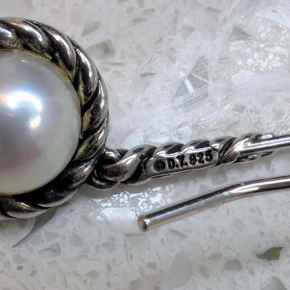 David Yurman Pearl and Pave Diamond Sterling Silver Cable Drop Earrings - RARE - Picture 6 of 7